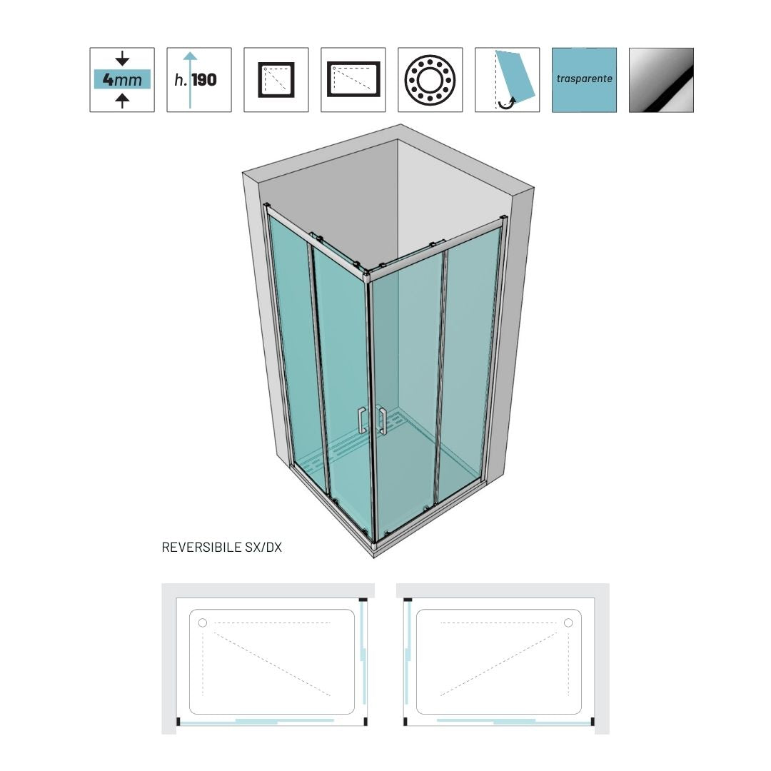 Ogomondo box doccia angolare con ante scorrevoli profilo cromato 4 millimetri trasparente *** misure 90x90x190h cm re...