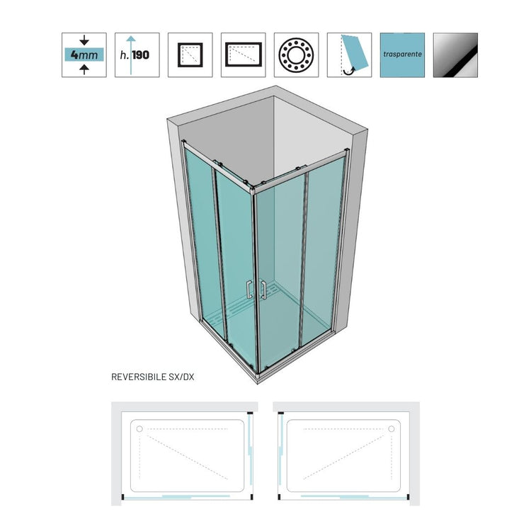 Ogomondo box doccia angolare con ante scorrevoli profilo cromato 4 millimetri trasparente *** misure 80x80x190h cm re...