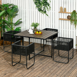 Set Tavolo e 4 Sedie da Giardino con Cuscini in Rattan PE e Acciaio Nero e Grigio