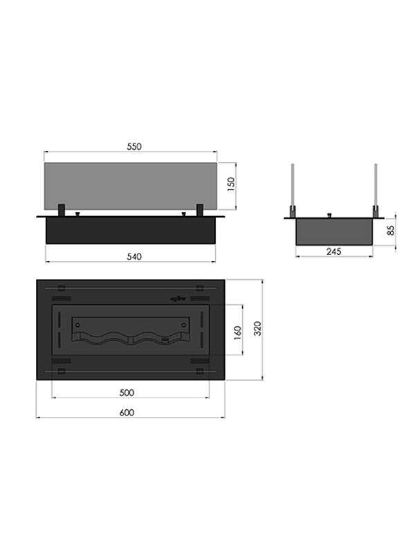 Biocamino A Bioetanolo Da Incasso Colore Nero Con Vetri Mod. INSERT BLACK BURNER - 600