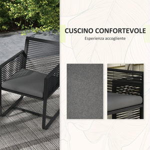 Set Tavolino e 2 Poltroncine con Cuscini da Giardino in Rattan PE Acciaio e Poliestere Nero