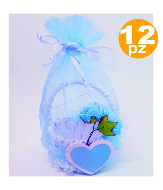 Bomboniere Cestino Azzurro Cuore Sacchetto Organza Confetti Nascita Battesimo         