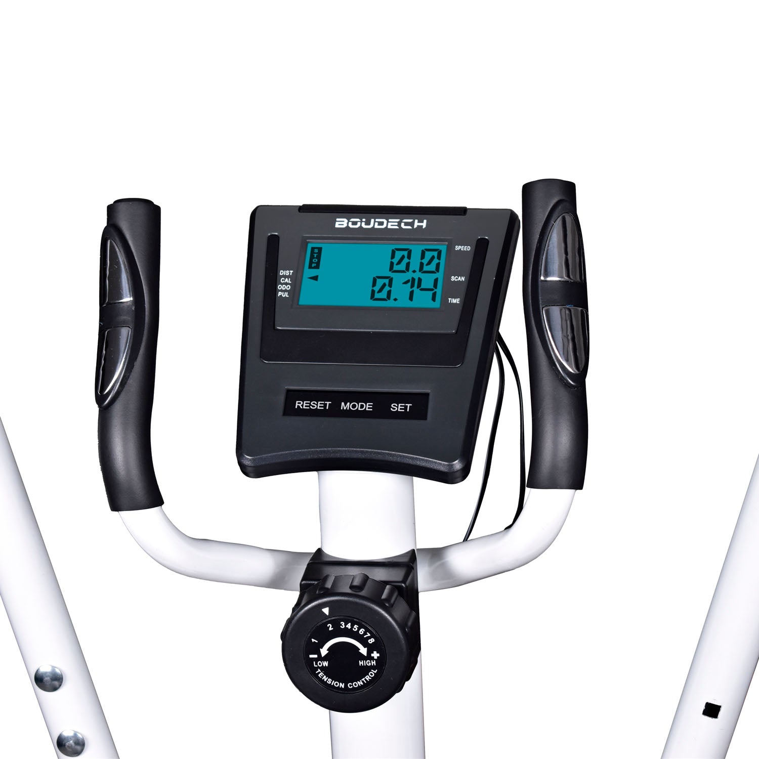 BOUDECH - BOOST 5000 - Bici cyclette ellittica cross trainer bidirezionale con volano da 5kg ultra silenzioso, resistenza magnetica regolabile su 8 livelli e design con doppia impugnatura e cardiofrequenzimetro. Bianco