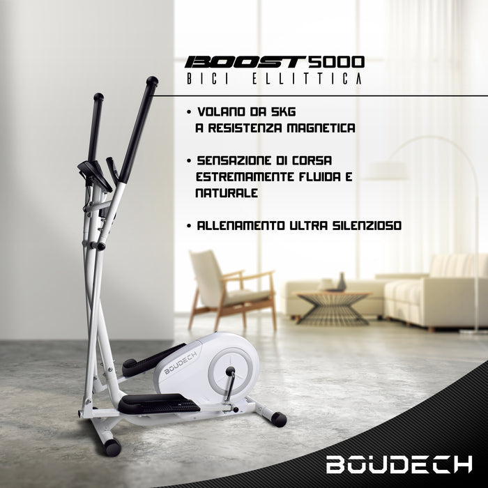 BOUDECH - BOOST 5000 - Bici cyclette ellittica cross trainer bidirezionale con volano da 5kg ultra silenzioso, resistenza magnetica regolabile su 8 livelli e design con doppia impugnatura e cardiofrequenzimetro. Bianco