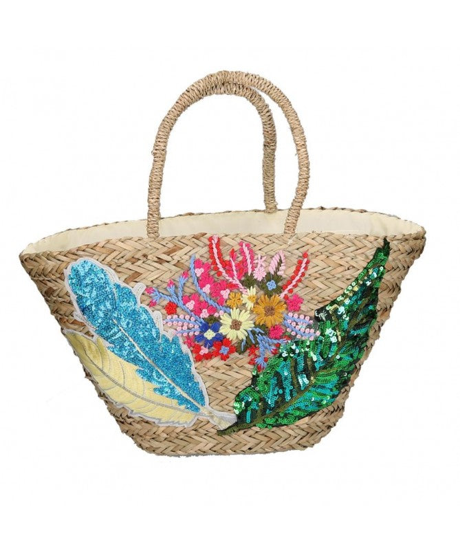 Borsa paglia con fiori e foglie