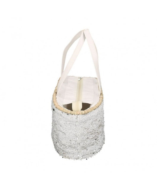 Borsa paglia con paillettes bianco