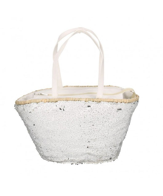 Borsa paglia con paillettes bianco