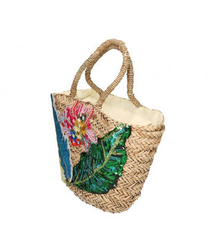 Borsa paglia piccola con fiori e foglie