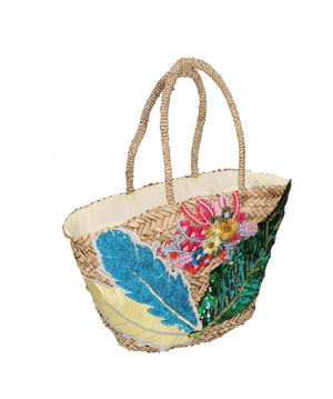 Borsa paglia piccola con fiori e foglie