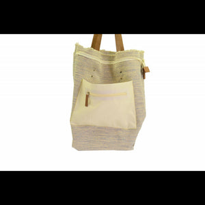 Borsa tessuto crema azzurro con manici noce cm 48h50/70x1