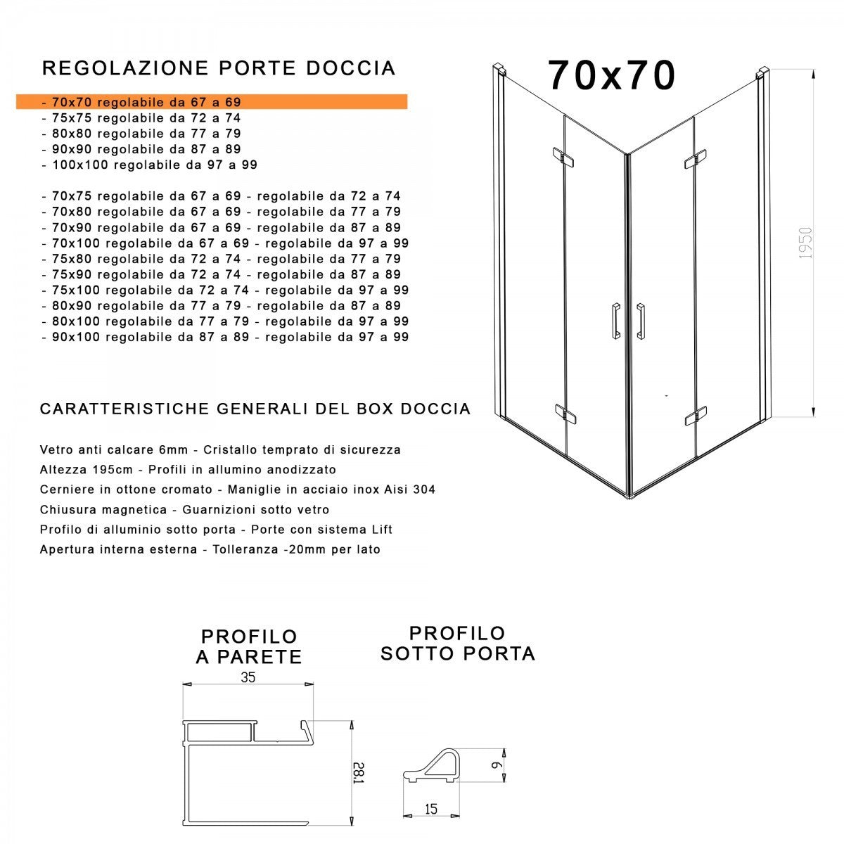 Box doccia 2 lati a libro a doppia anta pieghevole trasparente anticalcare 6mm h195 butterfly, dimensioni 65x65