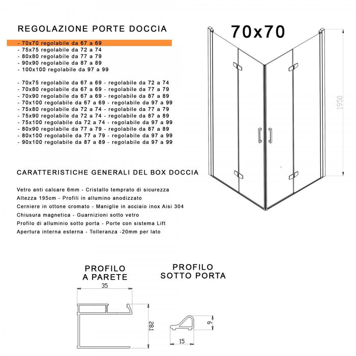 Box doccia 2 lati a libro a doppia anta pieghevole trasparente anticalcare 6mm h195 butterfly, dimensioni 65x65