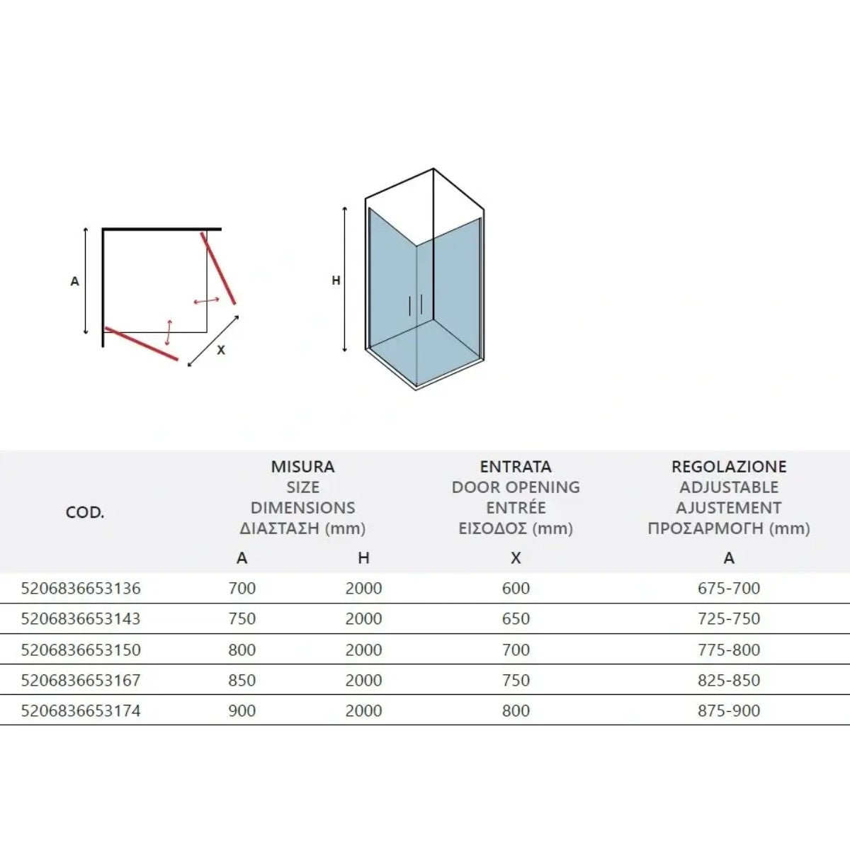 Box doccia 2 lati battente interna e esterna 6mm satinato s 28 alto h200, dimensioni 80x90