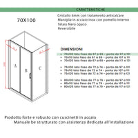 Box Doccia Angolare 70x100 cm 1 anta Scorrevole con Profili Neri in Cristallo trasparente 6mm H195 Bonussi Sole