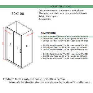 Box Doccia Angolare 70x100 cm 1 anta Scorrevole con Profili Neri in Cristallo trasparente 6mm H195 Bonussi Sole