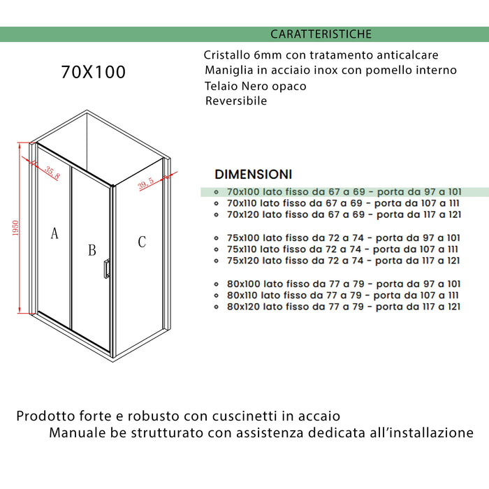 Box Doccia Angolare 70x100 cm 1 anta Scorrevole con Profili Neri in Cristallo trasparente 6mm H195 Bonussi Sole