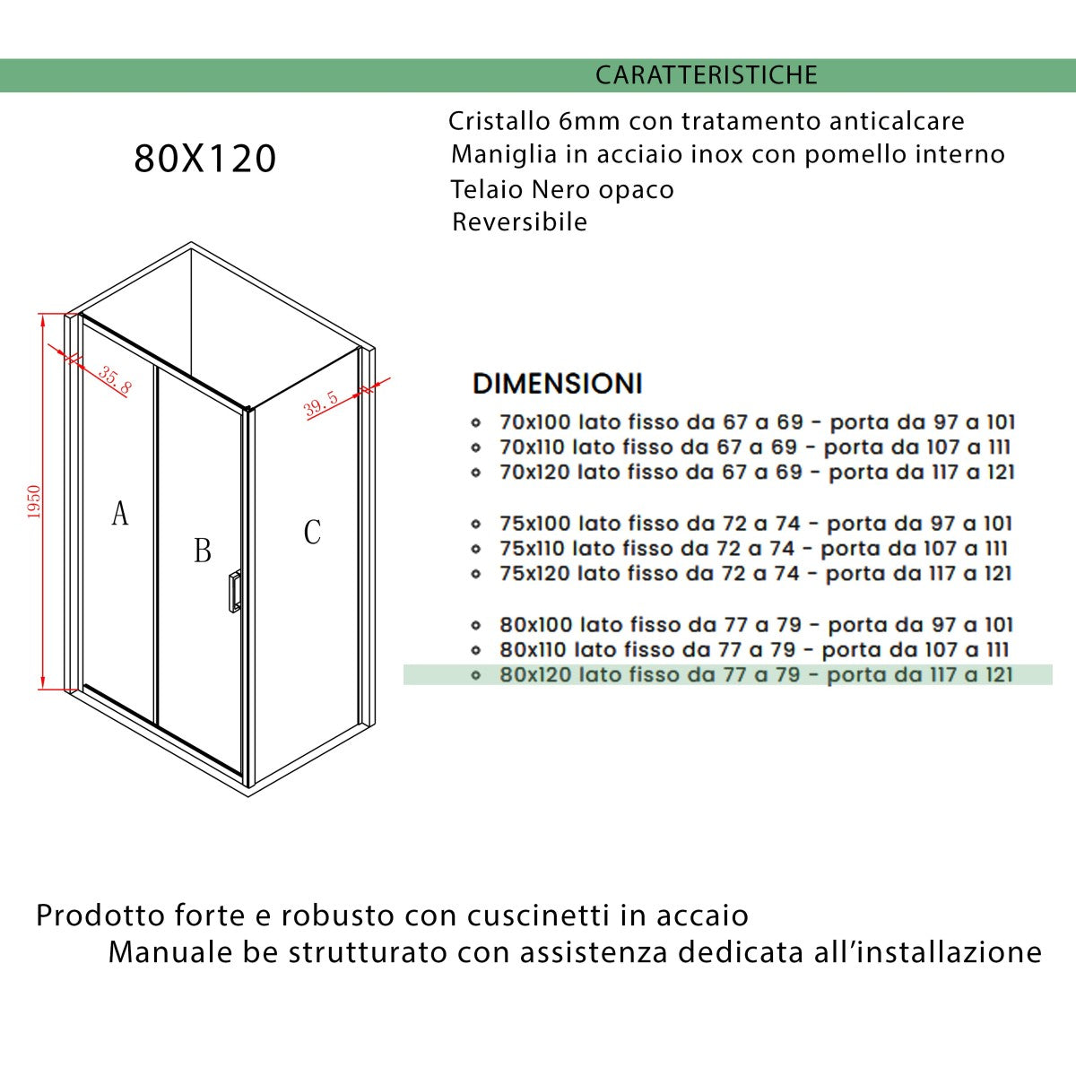 Box doccia due lati apertura scorrevole profili neri 6mm h195 agata, misura 80x120