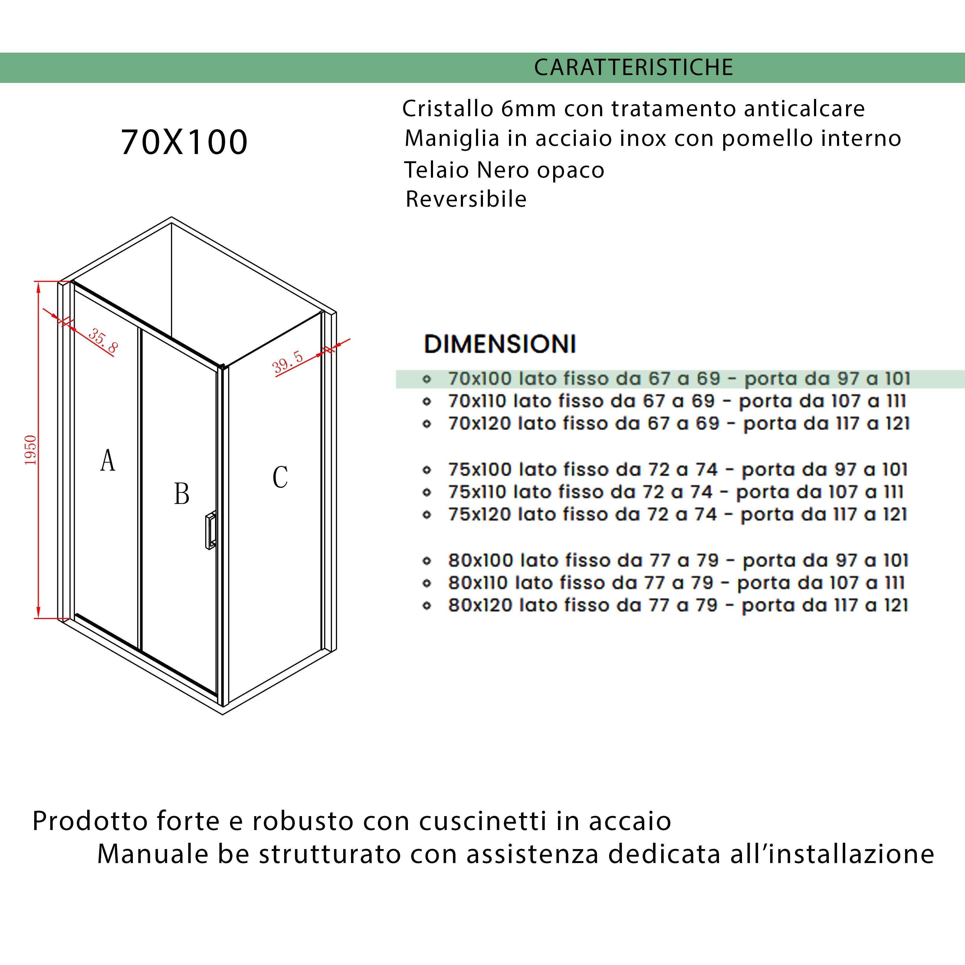 Box Doccia Angolare 80x120 cm 1 anta Scorrevole con Profili Neri in Cristallo trasparente 6mm H195 Bonussi Sole