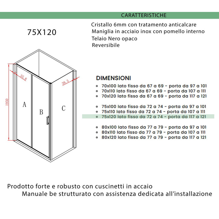 Box doccia due lati apertura scorrevole profili neri 6mm h195 agata, misura 75x120