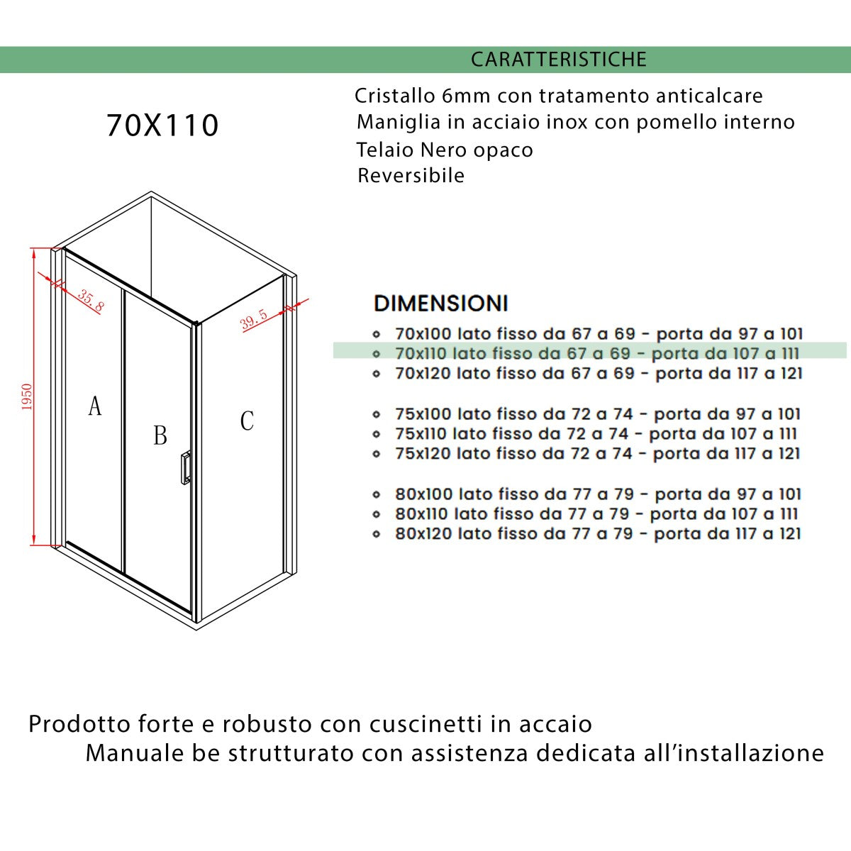 Box doccia due lati apertura scorrevole profili neri 6mm h195 agata, misura 70x110