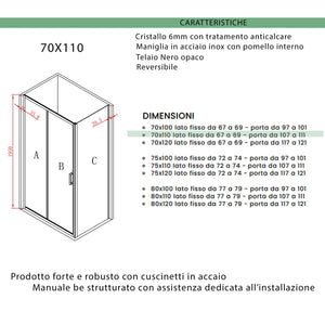 Box doccia due lati apertura scorrevole profili neri 6mm h195 agata, misura 70x110