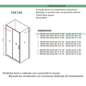 Box doccia due lati apertura scorrevole profili neri 6mm h195 agata, misura 70x100