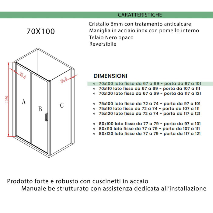 Box doccia due lati apertura scorrevole profili neri 6mm h195 agata, misura 70x100