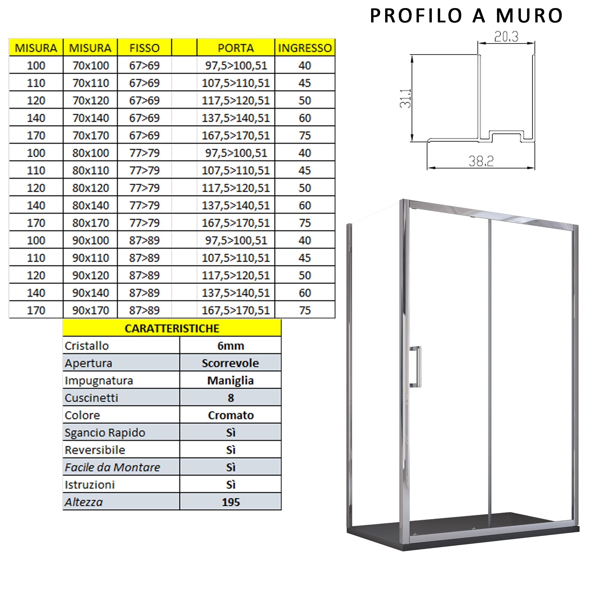 Box Doccia Angolare 90x150 cm 1 anta Scorrevoli 2 Lati Fissi in Cristallo trasparente 6mm H195 Bonussi Sole