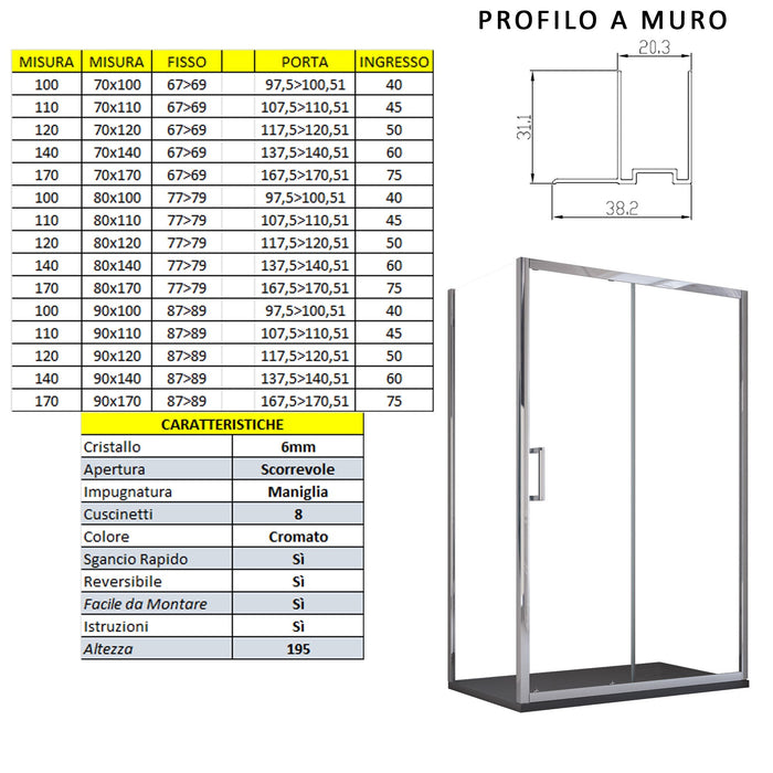 Box Doccia Angolare 90x150 cm 1 anta Scorrevoli 2 Lati Fissi in Cristallo trasparente 6mm H195 Bonussi Sole