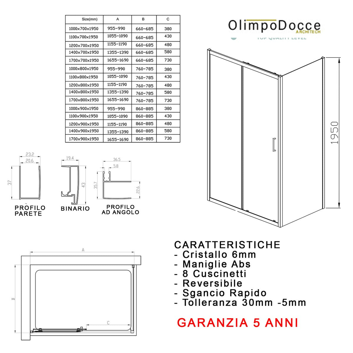 Box doccia 2 lati scorrevole e 1 lato fisso matias, misura 70x100