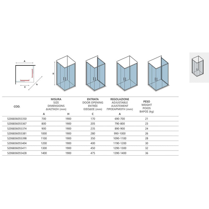 Box doccia 2 lati scorrevole cristalli temprati trasparenti 5mm h190 karag efe 100 oro, dimensioni 70x110