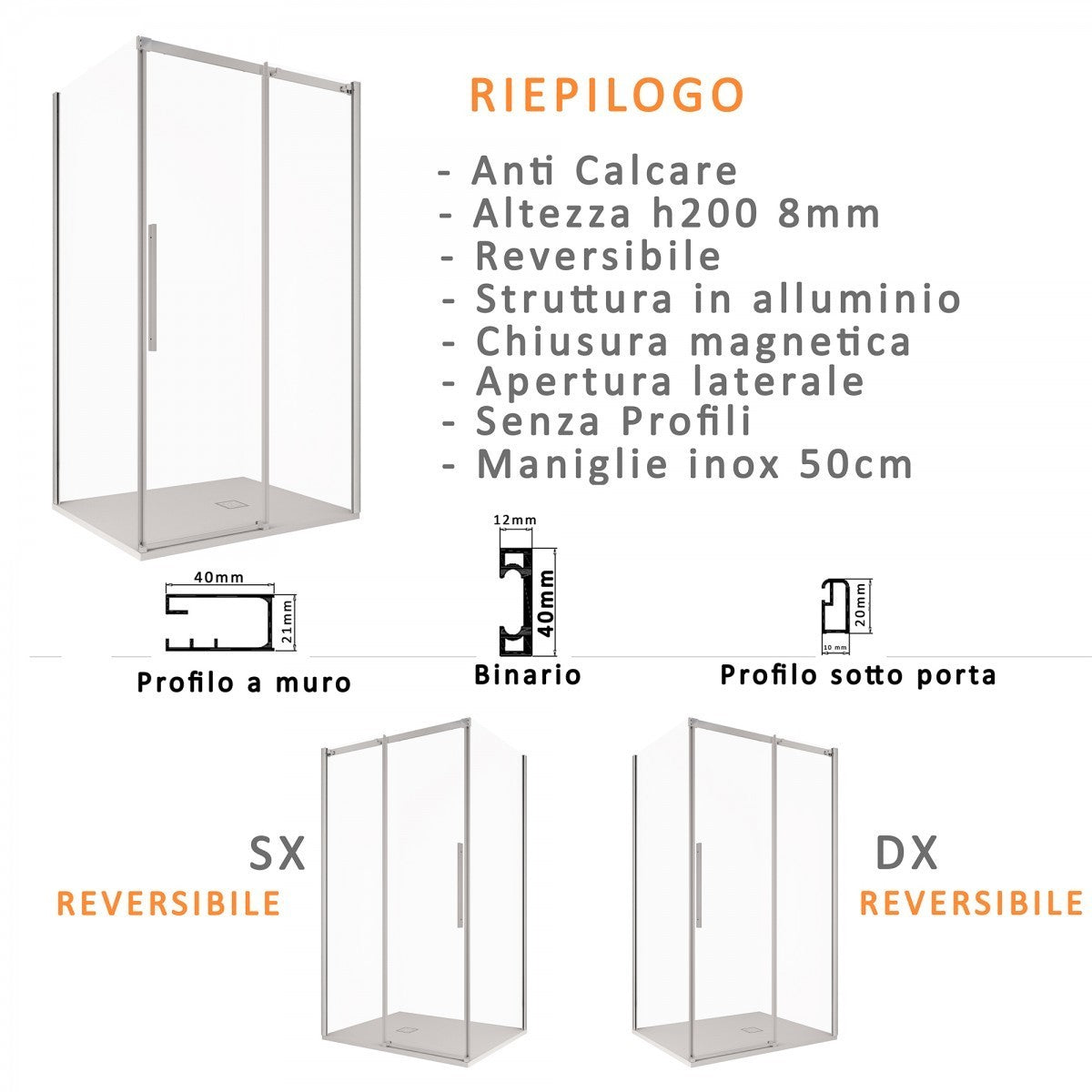 Box doccia 2 lati scorrevole trasparente anticalcare 8mm h200 osiride, dimensioni 70x140