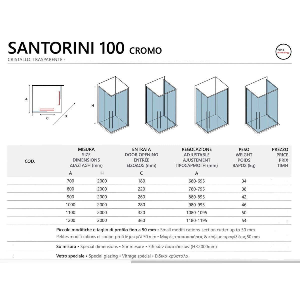 Box doccia 2 lati scorrevole trasparente anticalcare 8mm h200 santorini 100 cromo, dimensioni 110x120