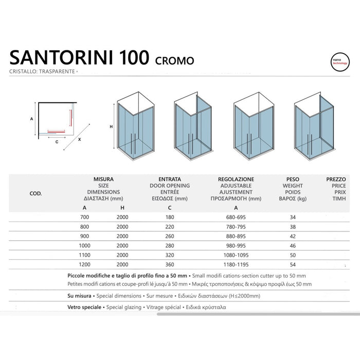 Box doccia 2 lati scorrevole trasparente anticalcare 8mm h200 santorini 100 cromo, dimensioni 110x120