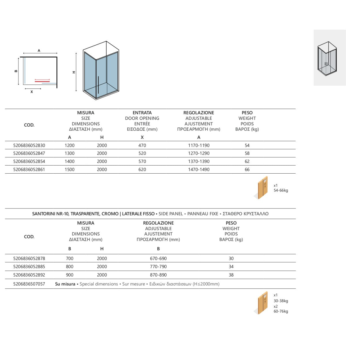 Box doccia 2 lati scorrevole trasparente anticalcare 8mm h200 santorini 500 cromo, dimensioni 140x80