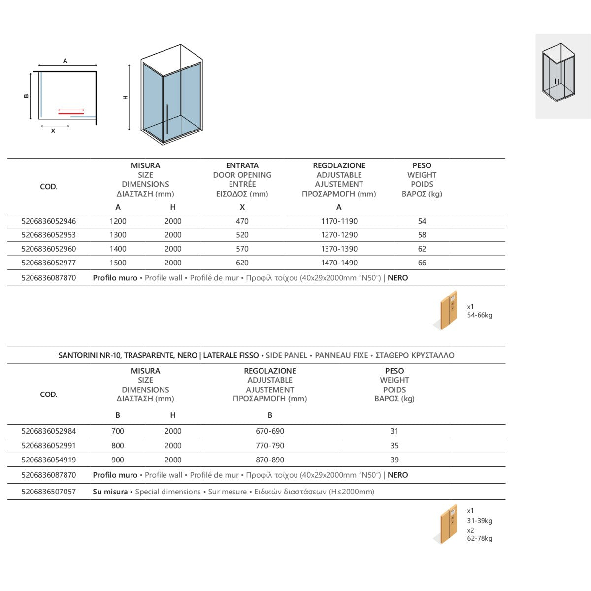 Box doccia 2 lati scorrevole trasparente anticalcare 8mm h200 santorini 500 nero, dimensioni 140x70