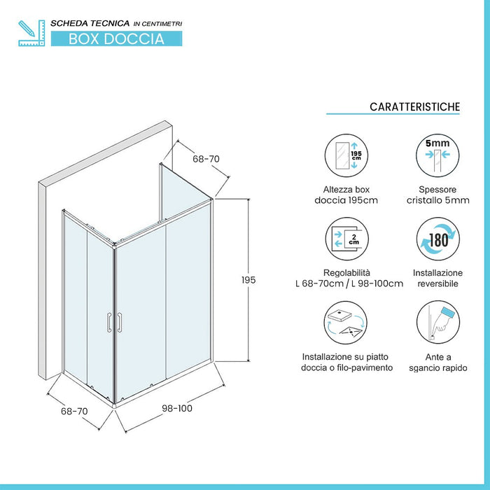 Box doccia 3 lati 70x100x70 cm doppio scorrevole vetro stampato Tay