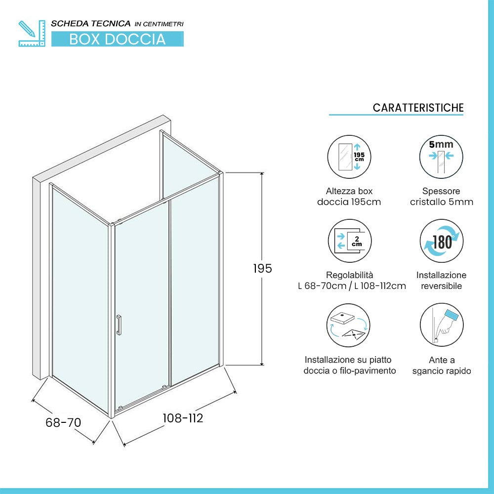 Box doccia 3 lati 70x110x70 con porta scorrevole trasparente Tay