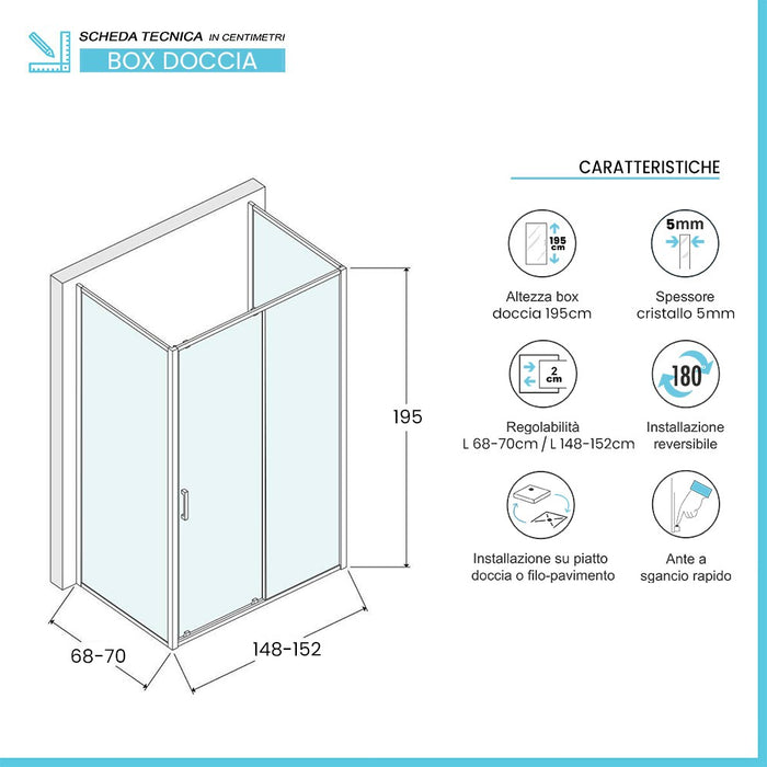 Box doccia 3 lati 70x150x70 con porta scorrevole trasparente Tay