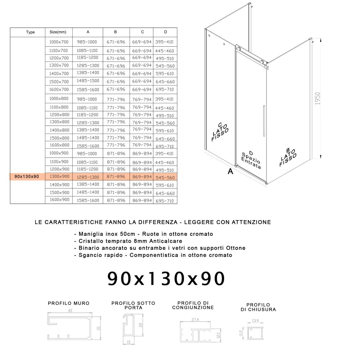 Box doccia tre lati porta scorrevole trasparente h195cm 8mm anticalcare euclide, misura 90x130x90