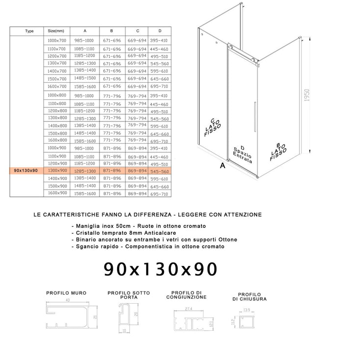 Box doccia tre lati porta scorrevole trasparente h195cm 8mm anticalcare euclide, misura 90x130x90