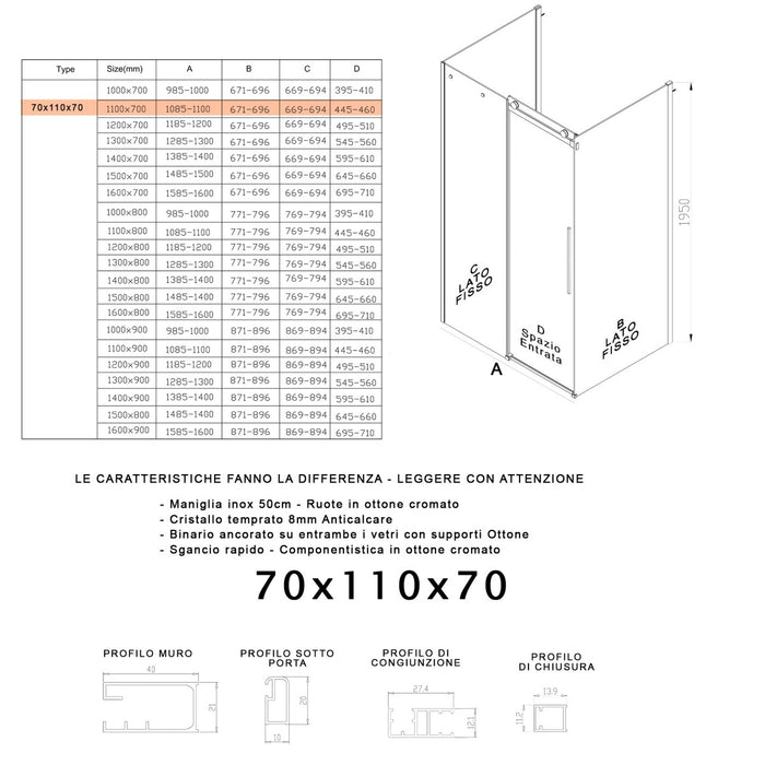 Box doccia tre lati porta scorrevole trasparente h195cm 8mm anticalcare euclide, misura 75x100x75 cm