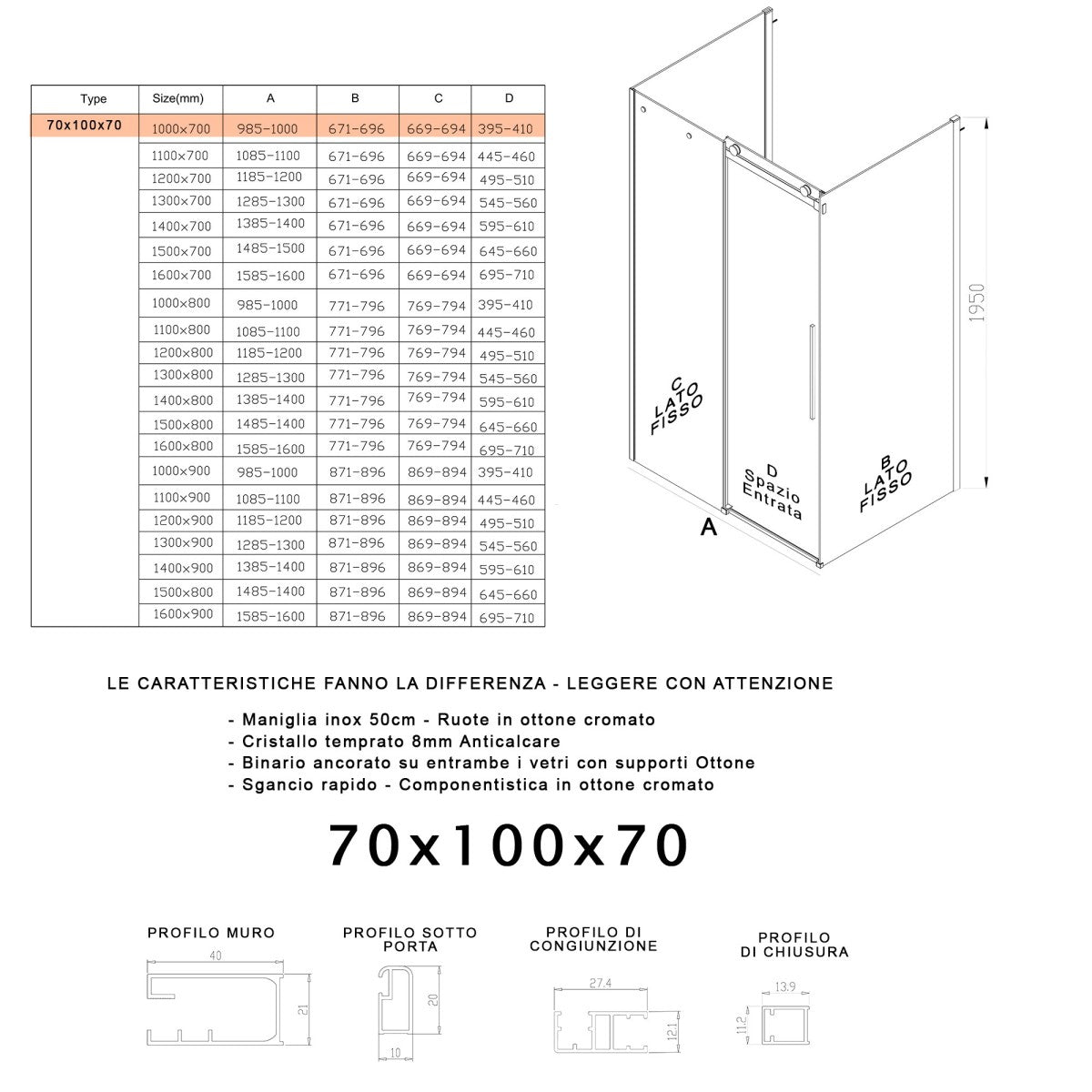 Box doccia tre lati porta scorrevole trasparente h195cm 8mm anticalcare euclide, misura 70x100x70