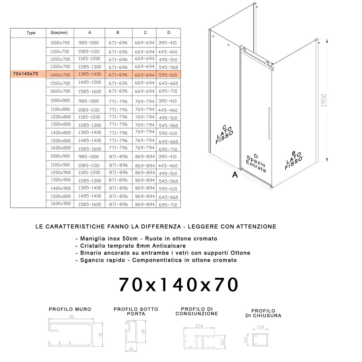 Box doccia tre lati porta scorrevole trasparente h195cm 8mm anticalcare euclide, misura 70x140x70