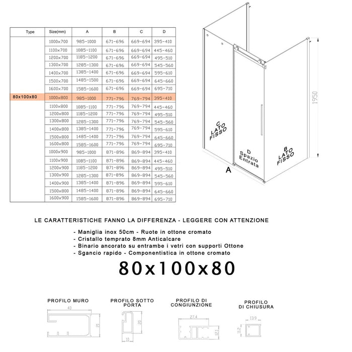 Box doccia tre lati porta scorrevole trasparente h195cm 8mm anticalcare euclide, misura 80x100x80