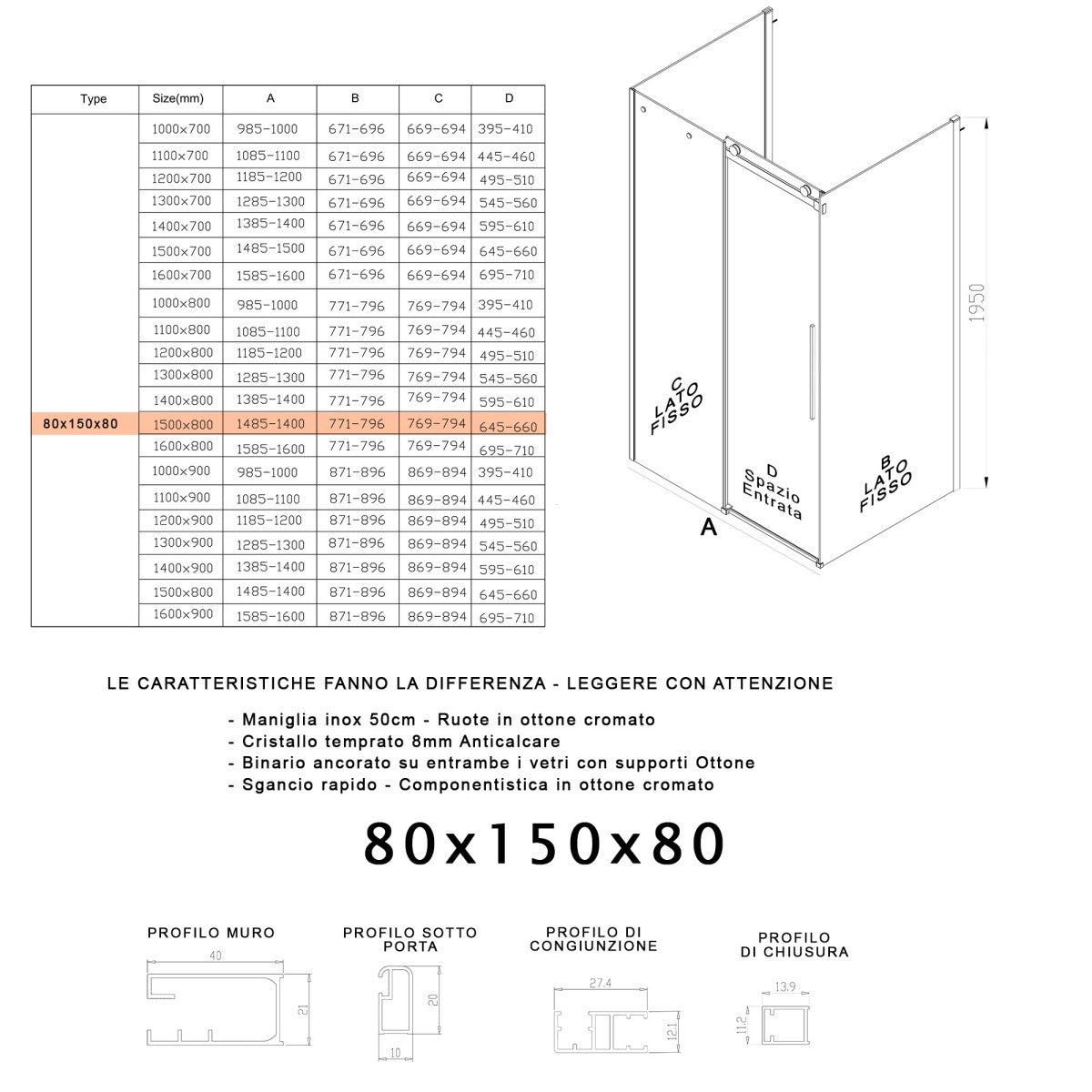 Box doccia tre lati porta scorrevole trasparente h195cm 8mm anticalcare euclide, misura 80x150x80