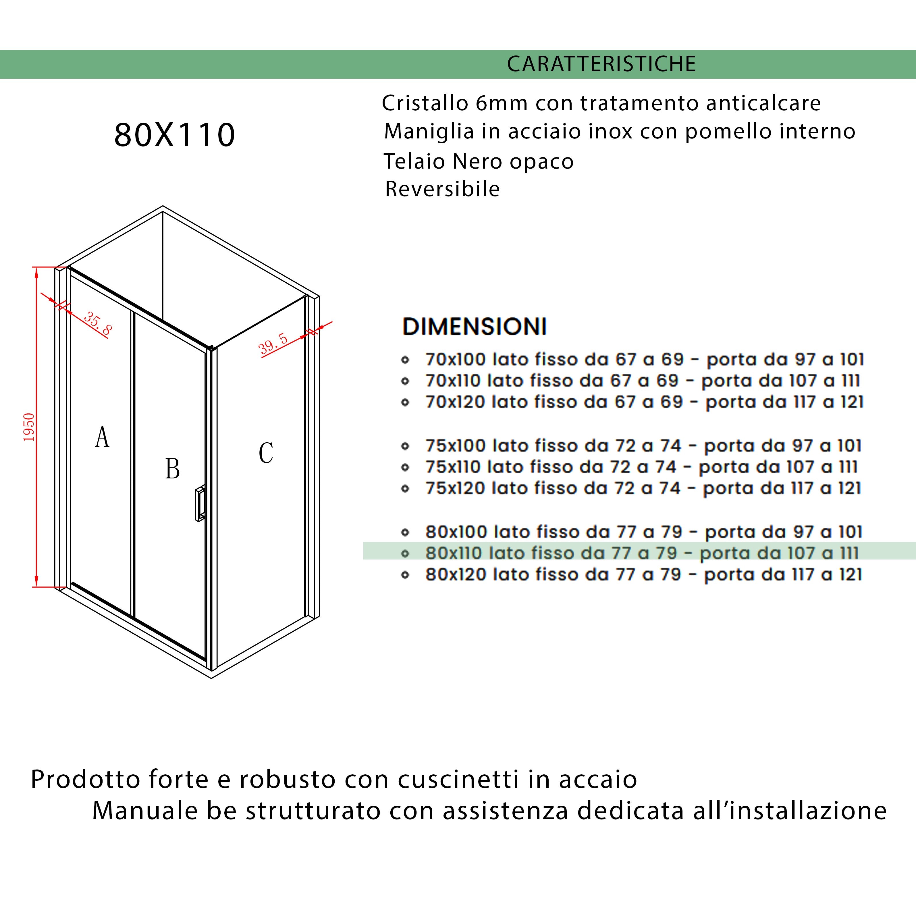 Box Doccia 3 Lati 75x120x75 cm 1 anta Scorrevoli con Profili Neri in Cristallo trasparente 6mm H195 Bonussi Sole