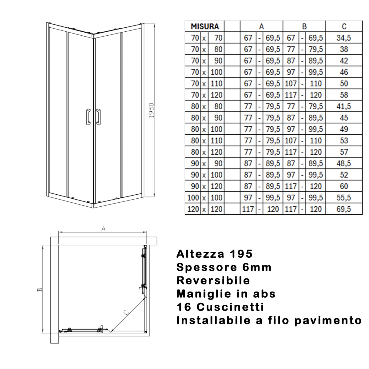 Box doccia 3 lati trasparente 195 6mm matias, misura 70x70x70