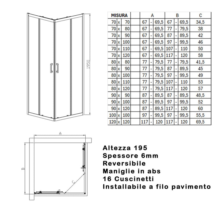 Box doccia 3 lati trasparente 195 6mm matias, misura 90x110x90