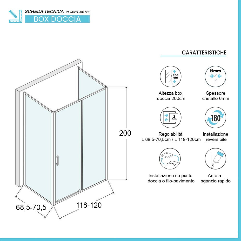 Box doccia 70x120x70 cm con porta scorrevole trasparente H 200 cm Ted